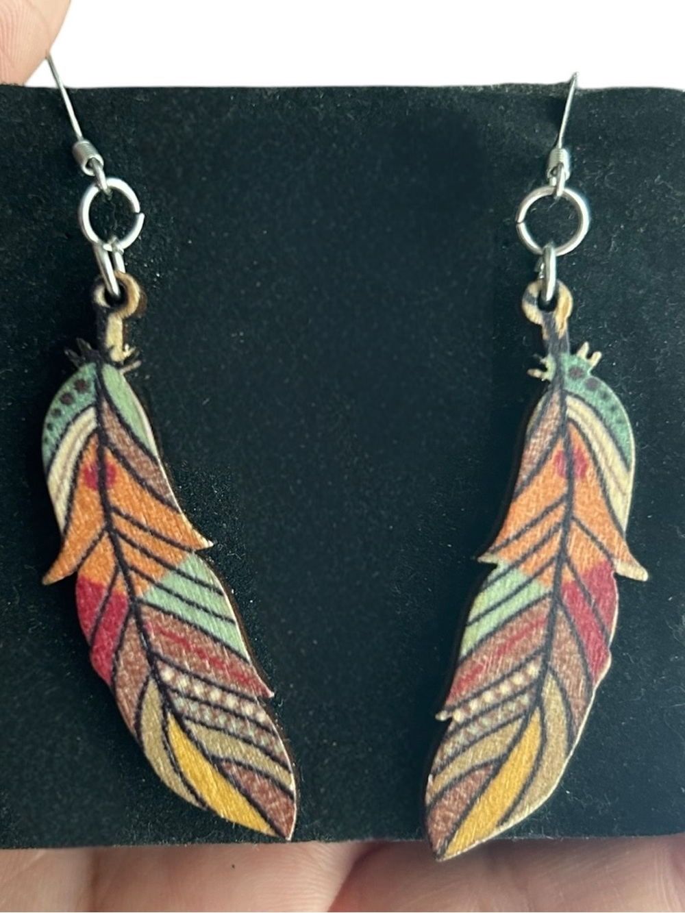 Boho Multicolor Wood Feather Drop Earrings